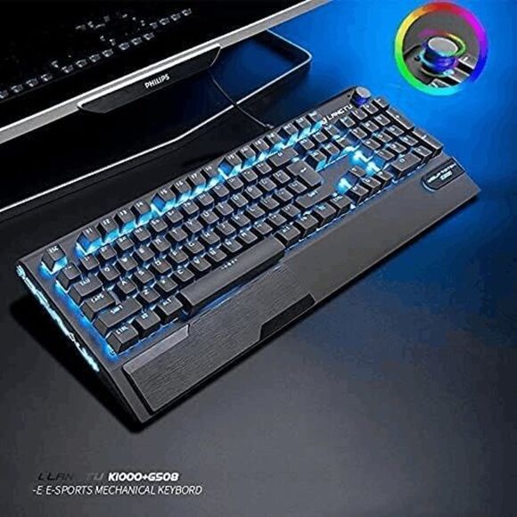 3 IN 1 Multimedia Knob Mechanical Gaming Keyboard Set (Black/Blue Backlit/Blue S - Picture 2 of 9
